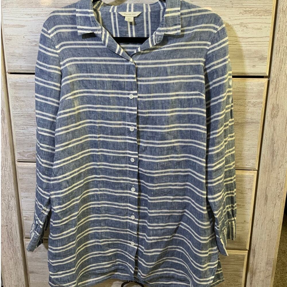 Garnet Hill Linen Nautical Striped Button Up Shirt Blue White Women's Size XS